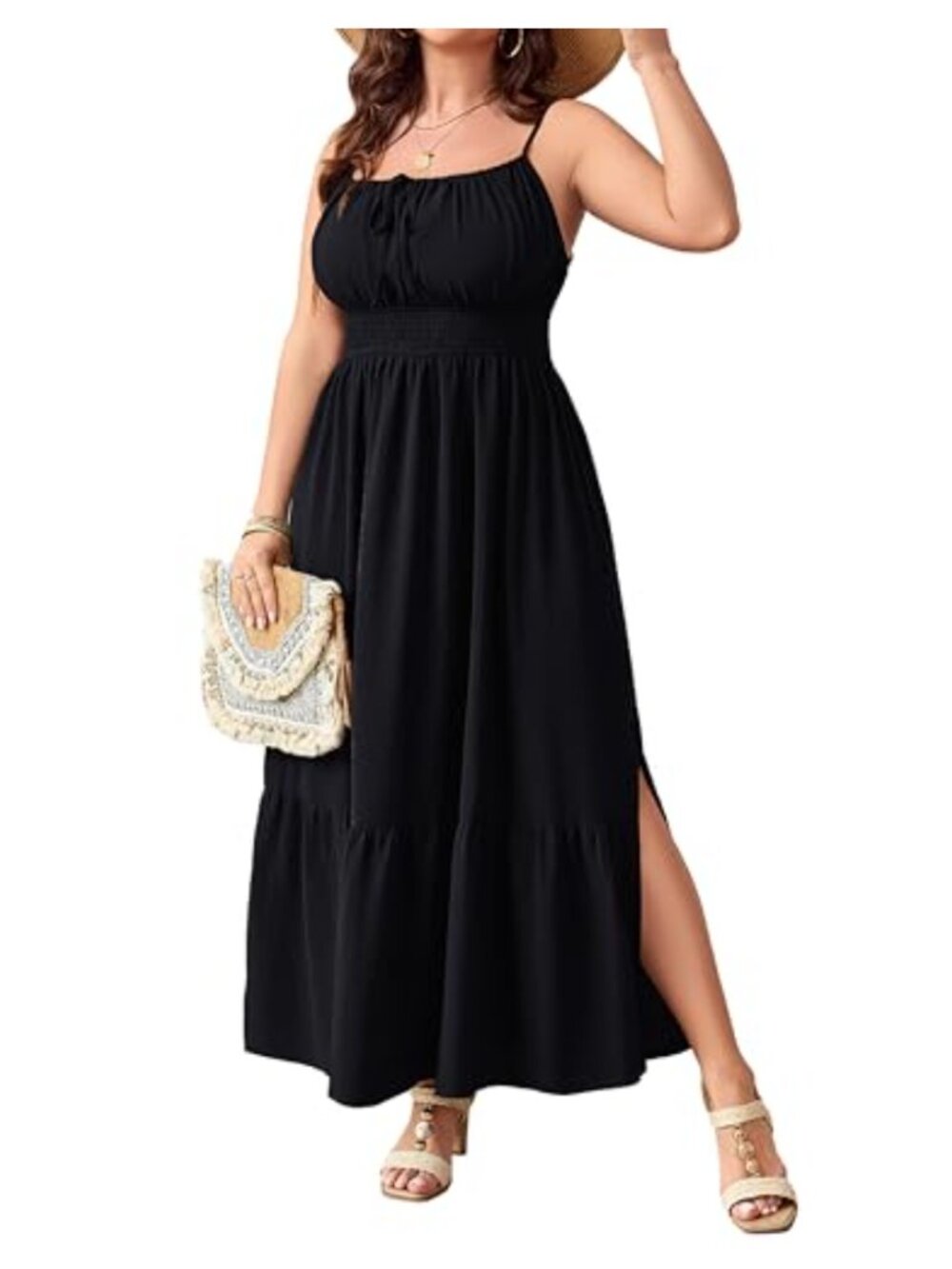 Plus Size Boho Maxi Dress Smocked Spaghetti Strap Sleeveless Sundress